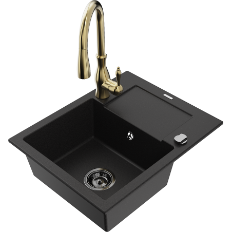 Mexen Enzo zlewozmywak granitowy 1-komorowy z ociekaczem i baterią kuchenną Savita, czarny - 6506-77-672601-50-B
