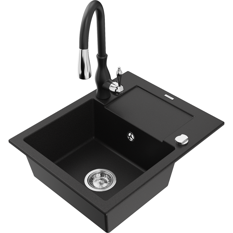Mexen Enzo zlewozmywak granitowy 1-komorowy z ociekaczem i baterią kuchenną Savita, czarny - 6506-77-672601-70