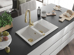 Mexen Gaspar zlewozmywak granitowy 1,5-komorowy z ociekaczem i baterią kuchenną Savita, biały - 6507-20-672601-50