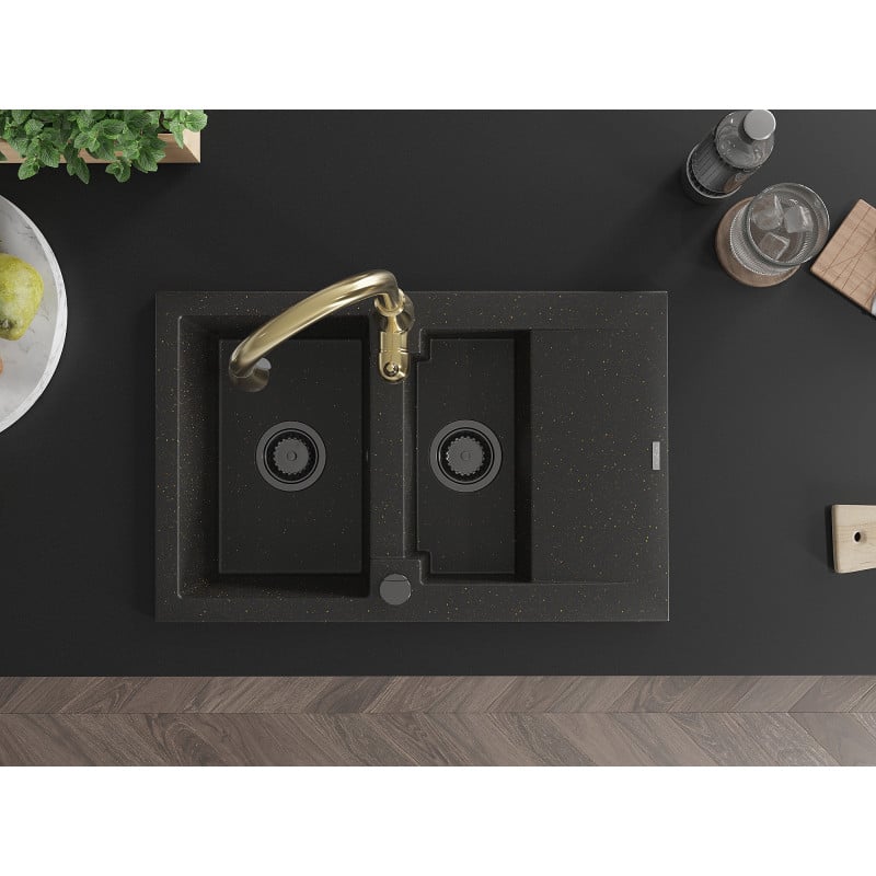 Mexen Gaspar zlewozmywak granitowy 1,5-komorowy z ociekaczem i baterią kuchenną Savita, czarny/złoty - 6507-75-672601-50-B