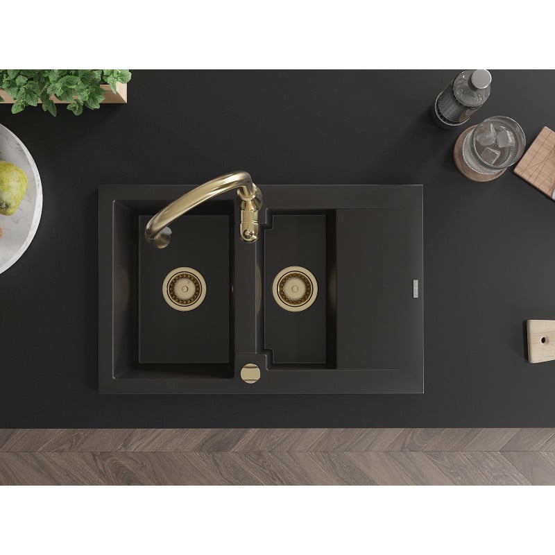 Mexen Gaspar zlewozmywak granitowy 1,5-komorowy z ociekaczem i baterią kuchenną Savita, czarny - 6507-77-672601-50