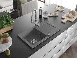 Mexen Pablo zlewozmywak granitowy 1-komorowy z ociekaczem i baterią kuchenną Savita, szary - 6510-71-672601-00