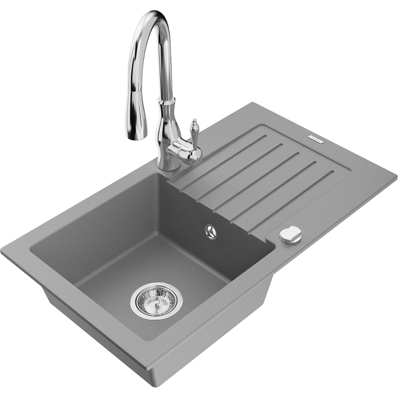 Mexen Pablo zlewozmywak granitowy 1-komorowy z ociekaczem i baterią kuchenną Savita, szary - 6510-71-672601-00