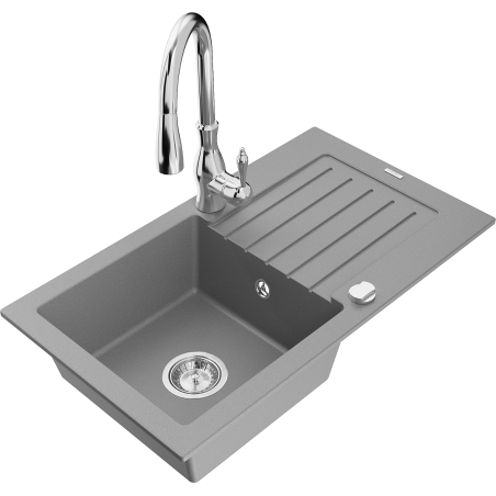 Mexen Pablo zlewozmywak granitowy 1-komorowy z ociekaczem i baterią kuchenną Savita, szary - 6510-71-672601-00