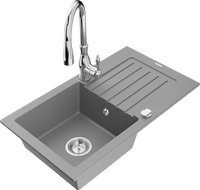 Mexen Pablo zlewozmywak granitowy 1-komorowy z ociekaczem i baterią kuchenną Savita, szary - 6510-71-672601-00