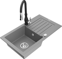 Mexen Pablo zlewozmywak granitowy 1-komorowy z ociekaczem i baterią kuchenną Savita, szary - 6510-71-672601-70