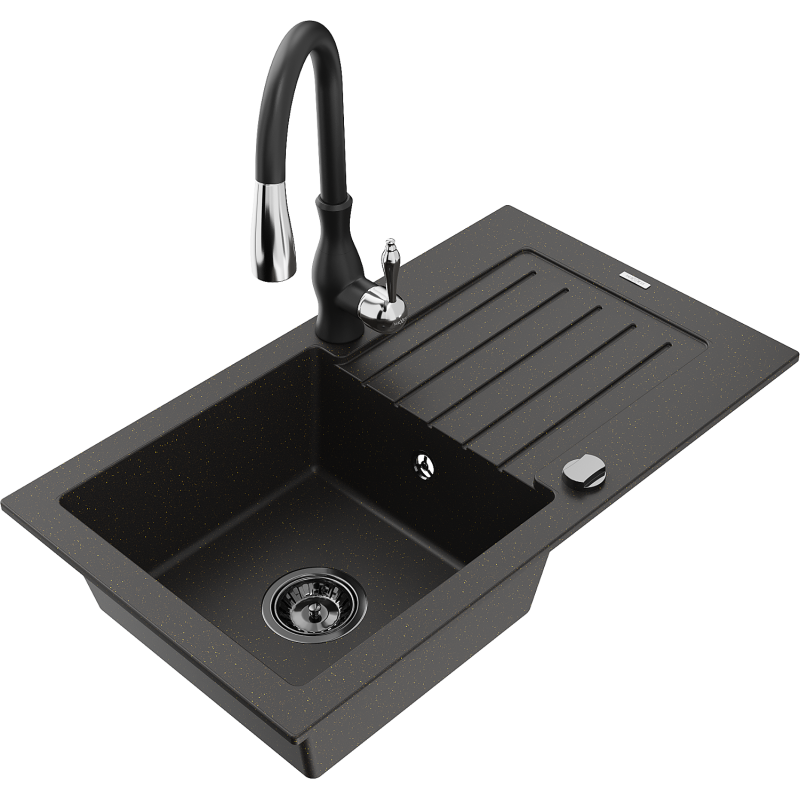 Mexen Pablo zlewozmywak granitowy 1-komorowy z ociekaczem i baterią kuchenną Savita, czarny/złoty metalik - 6510-75-672601-70-B