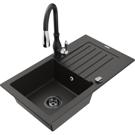 Mexen Pablo zlewozmywak granitowy 1-komorowy z ociekaczem i baterią kuchenną Savita, czarny/złoty metalik - 6510-75-672601-70-B