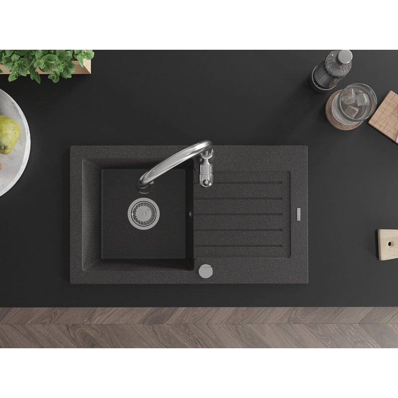 Mexen Pablo zlewozmywak granitowy 1-komorowy z ociekaczem i baterią kuchenną Savita, czarny nakrapiany - 6510-76-672601-00