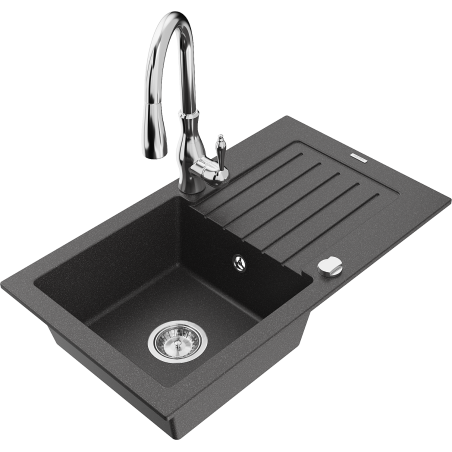 Mexen Pablo zlewozmywak granitowy 1-komorowy z ociekaczem i baterią kuchenną Savita, czarny nakrapiany - 6510-76-672601-00