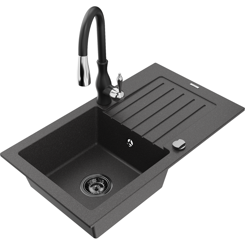 Mexen Pablo zlewozmywak granitowy 1-komorowy z ociekaczem i baterią kuchenną Savita, czarny nakrapiany - 6510-76-672601-70-B