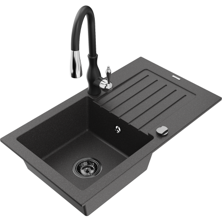Mexen Pablo zlewozmywak granitowy 1-komorowy z ociekaczem i baterią kuchenną Savita, czarny nakrapiany - 6510-76-672601-70-B