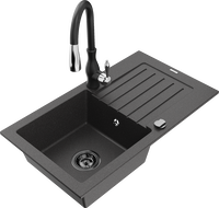 Mexen Pablo zlewozmywak granitowy 1-komorowy z ociekaczem i baterią kuchenną Savita, czarny nakrapiany - 6510-76-672601-70-B