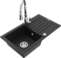Mexen Pablo zlewozmywak granitowy 1-komorowy z ociekaczem i baterią kuchenną Savita, czarny - 6510-77-672601-00