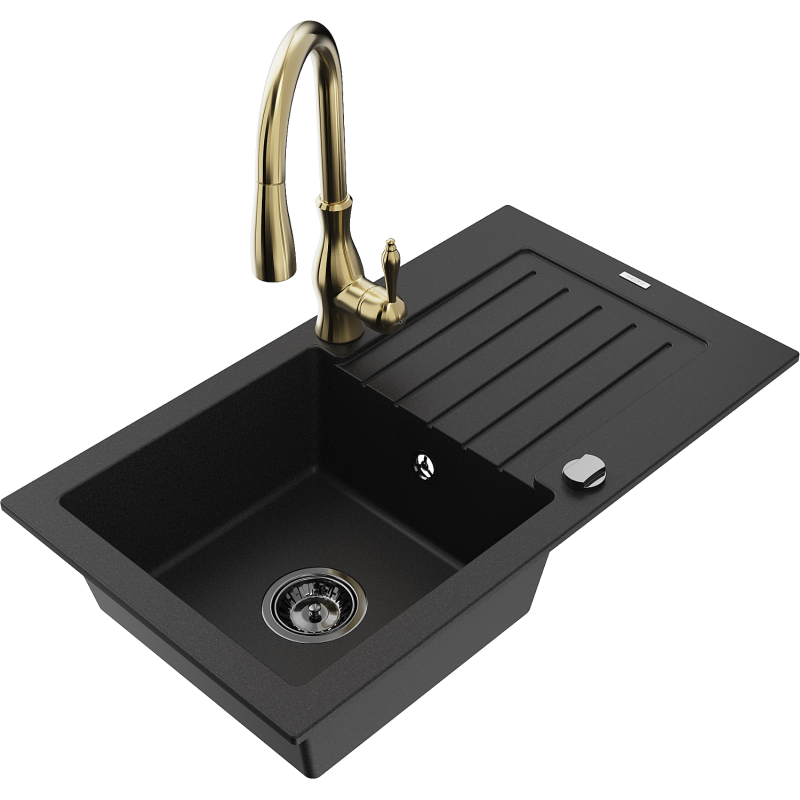 Mexen Pablo zlewozmywak granitowy 1-komorowy z ociekaczem i baterią kuchenną Savita, czarny - 6510-77-672601-50-B