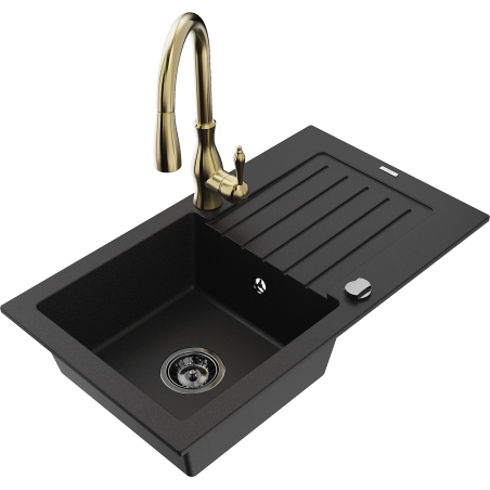 Mexen Pablo zlewozmywak granitowy 1-komorowy z ociekaczem i baterią kuchenną Savita, czarny - 6510-77-672601-50-B