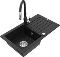 Mexen Pablo zlewozmywak granitowy 1-komorowy z ociekaczem i baterią kuchenną Savita, czarny - 6510-77-672601-70