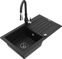 Mexen Pablo zlewozmywak granitowy 1-komorowy z ociekaczem i baterią kuchenną Savita, czarny - 6510-77-672601-70-B