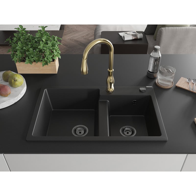 Mexen Tomas zlewozmywak granitowy 2-komorowy z baterią kuchenną Savita, czarny - 6516-77-672601-50-B