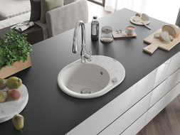 Mexen Kevin zlewozmywak granitowy 1-komorowy z ociekaczem i baterią kuchenną Savita, biały - 6517-20-672601-00