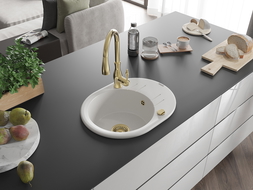 Mexen Kevin zlewozmywak granitowy 1-komorowy z ociekaczem i baterią kuchenną Savita, biały - 6517-20-672601-50