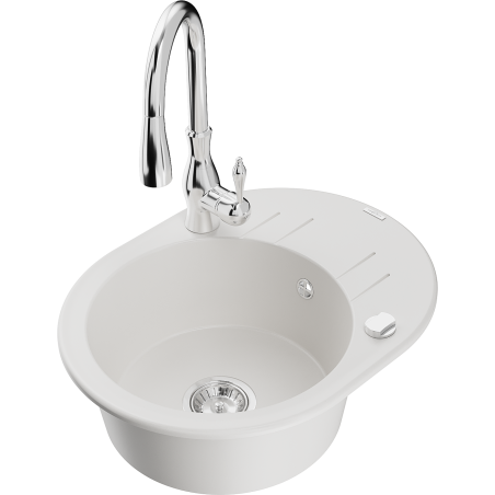 Mexen Kevin zlewozmywak granitowy 1-komorowy z ociekaczem i baterią kuchenną Savita, biały - 6517-20-672601-00