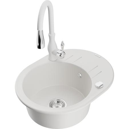 Mexen Kevin zlewozmywak granitowy 1-komorowy z ociekaczem i baterią kuchenną Savita, biały - 6517-20-672601-20