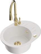 Mexen Kevin zlewozmywak granitowy 1-komorowy z ociekaczem i baterią kuchenną Savita, biały - 6517-20-672601-50