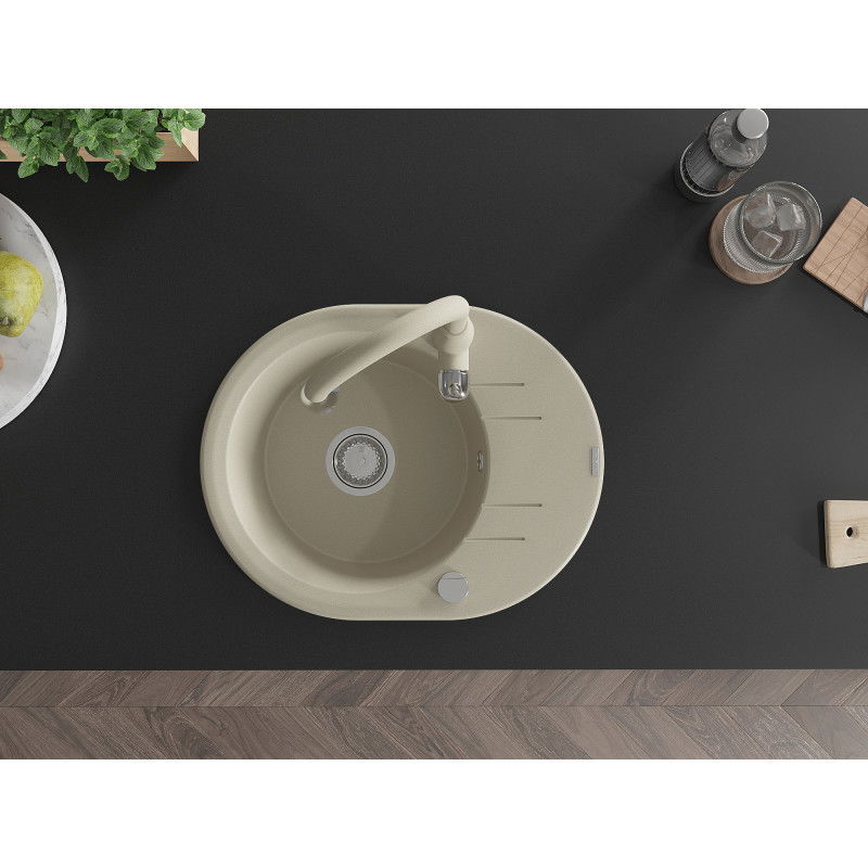 Mexen Kevin zlewozmywak granitowy 1-komorowy z ociekaczem i baterią kuchenną Savita, beżowy - 6517-69-672601-69