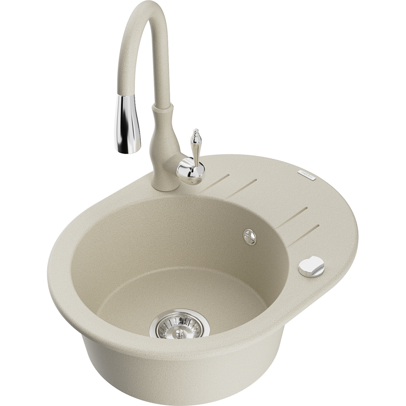 Mexen Kevin zlewozmywak granitowy 1-komorowy z ociekaczem i baterią kuchenną Savita, beżowy - 6517-69-672601-69