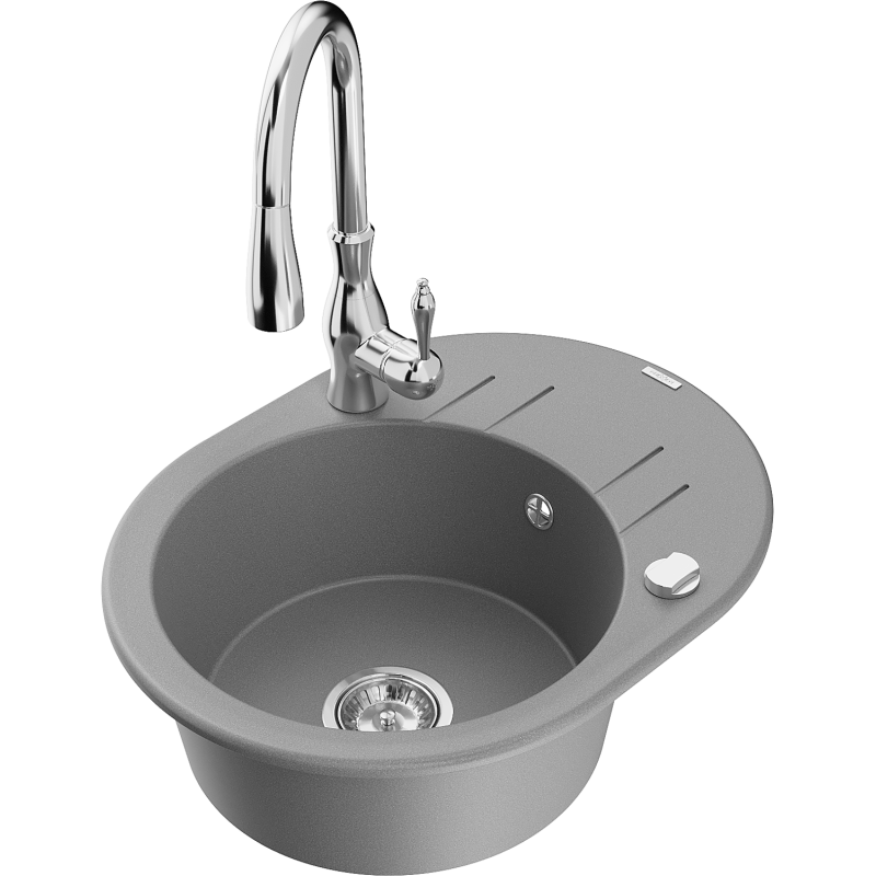 Mexen Kevin zlewozmywak granitowy 1-komorowy z ociekaczem i baterią kuchenną Savita, szary - 6517-71-672601-00