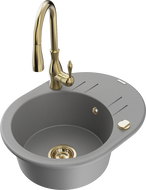 Mexen Kevin zlewozmywak granitowy 1-komorowy z ociekaczem i baterią kuchenną Savita, szary - 6517-71-672601-50