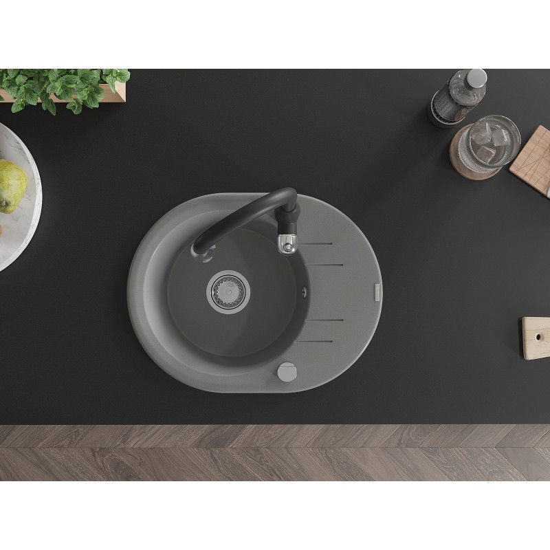 Mexen Kevin zlewozmywak granitowy 1-komorowy z ociekaczem i baterią kuchenną Savita, szary - 6517-71-672601-70