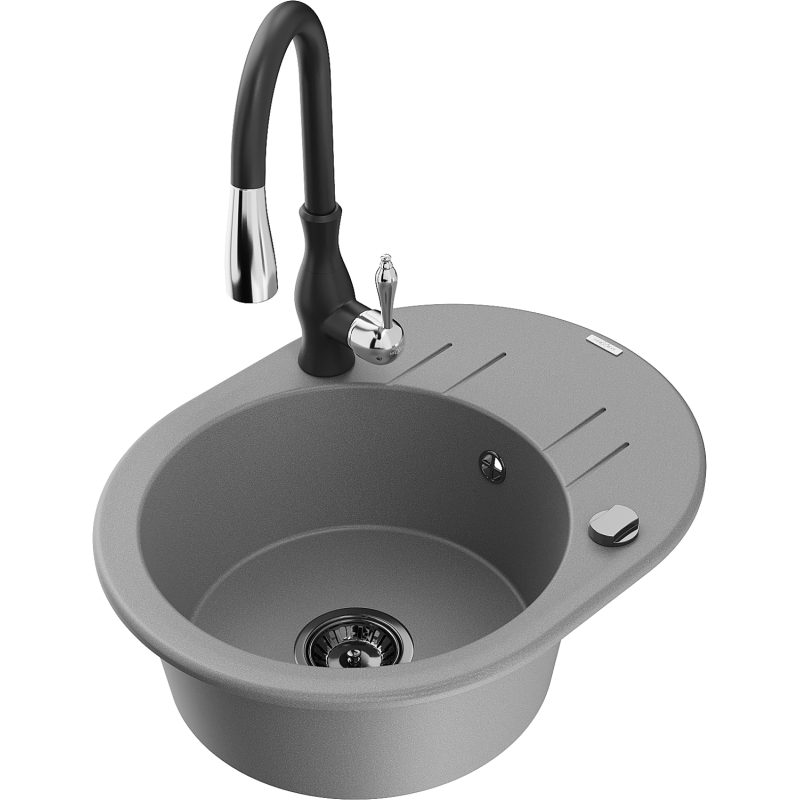 Mexen Kevin zlewozmywak granitowy 1-komorowy z ociekaczem i baterią kuchenną Savita, szary - 6517-71-672601-70-B