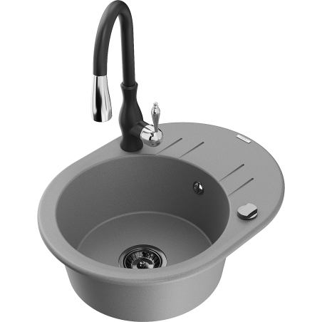 Mexen Kevin zlewozmywak granitowy 1-komorowy z ociekaczem i baterią kuchenną Savita, szary - 6517-71-672601-70-B