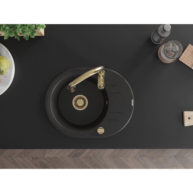 Mexen Kevin zlewozmywak granitowy 1-komorowy z ociekaczem i baterią kuchenną Savita, czarny/srebrny metalik - 6517-73-672601-50