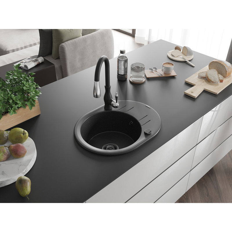 Mexen Kevin zlewozmywak granitowy 1-komorowy z ociekaczem i baterią kuchenną Savita, czarny/srebrny - 6517-73-672601-70-B