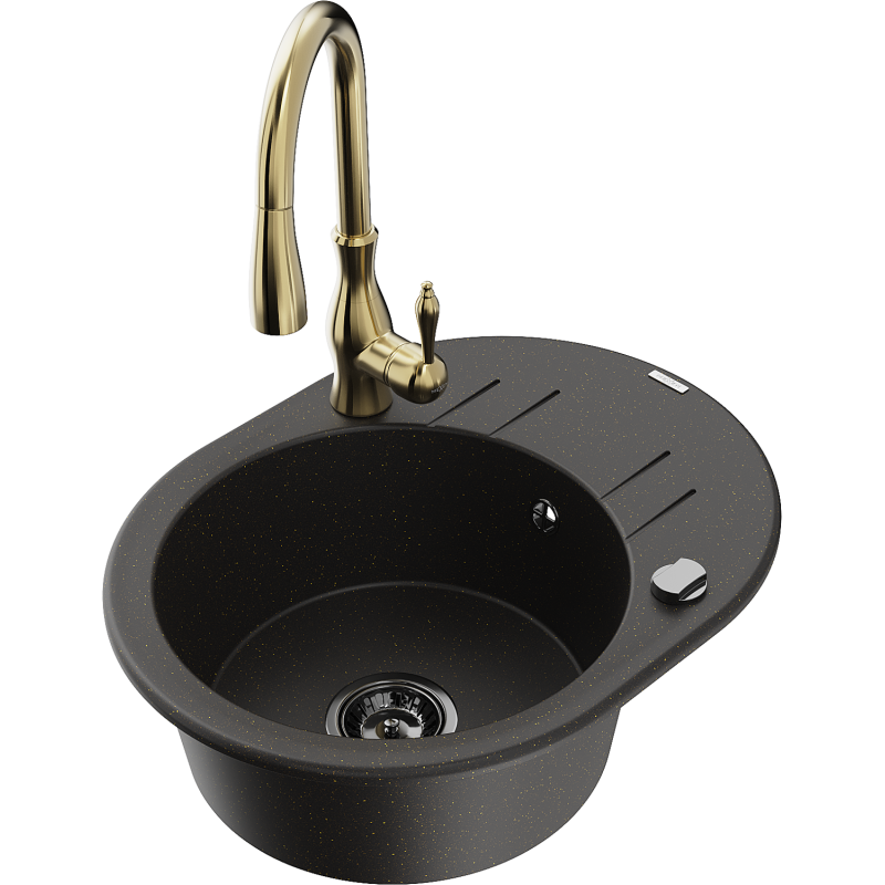 Mexen Kevin zlewozmywak granitowy 1-komorowy z ociekaczem i baterią kuchenną Savita, czarny/złoty metalik - 6517-75-672601-50-B