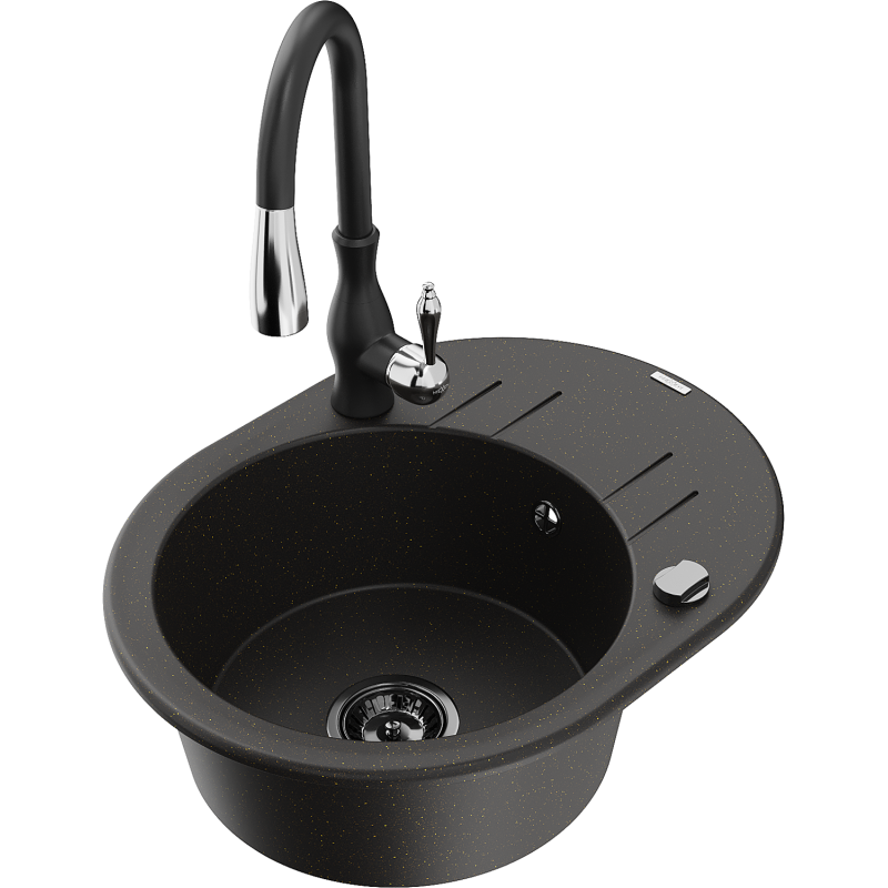 Mexen Kevin zlewozmywak granitowy 1-komorowy z ociekaczem i baterią kuchenną Savita, czarny/złoty metalik - 6517-75-672601-70-B