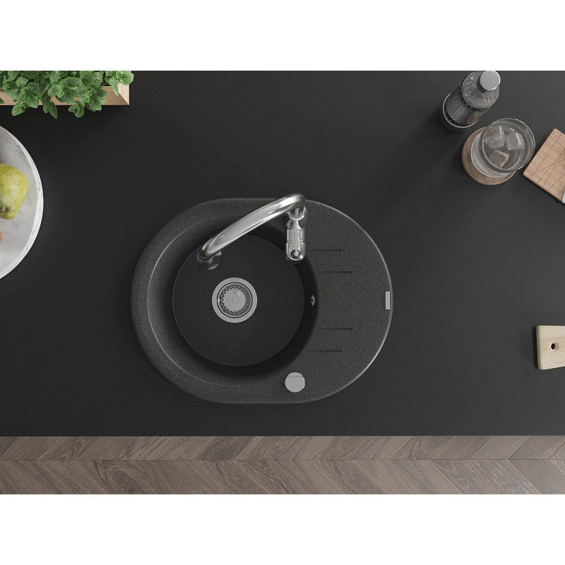 Mexen Kevin zlewozmywak granitowy 1-komorowy z ociekaczem i baterią kuchenną Savita, czarny nakrapiany - 6517-76-672601-00