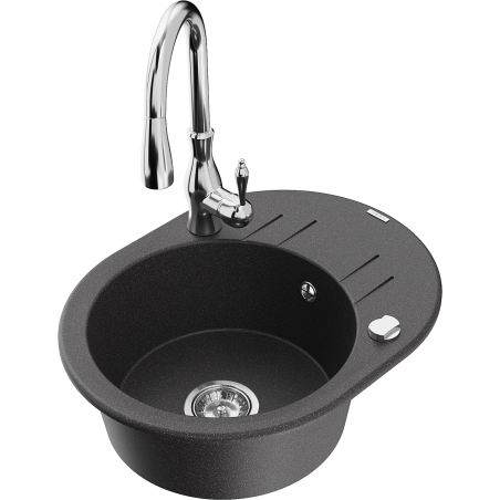 Mexen Kevin zlewozmywak granitowy 1-komorowy z ociekaczem i baterią kuchenną Savita, czarny nakrapiany - 6517-76-672601-00
