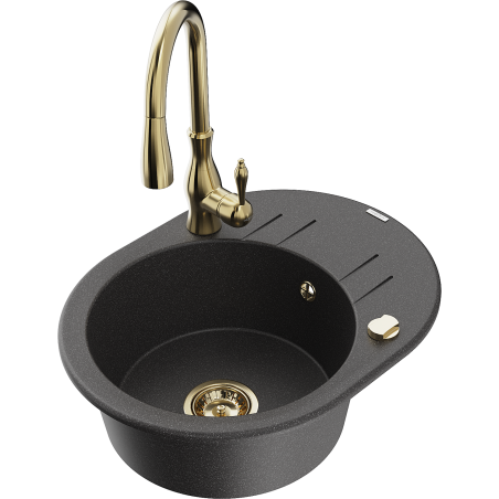 Mexen Kevin zlewozmywak granitowy 1-komorowy z ociekaczem i baterią kuchenną Savita, czarny nakrapiany - 6517-76-672601-50