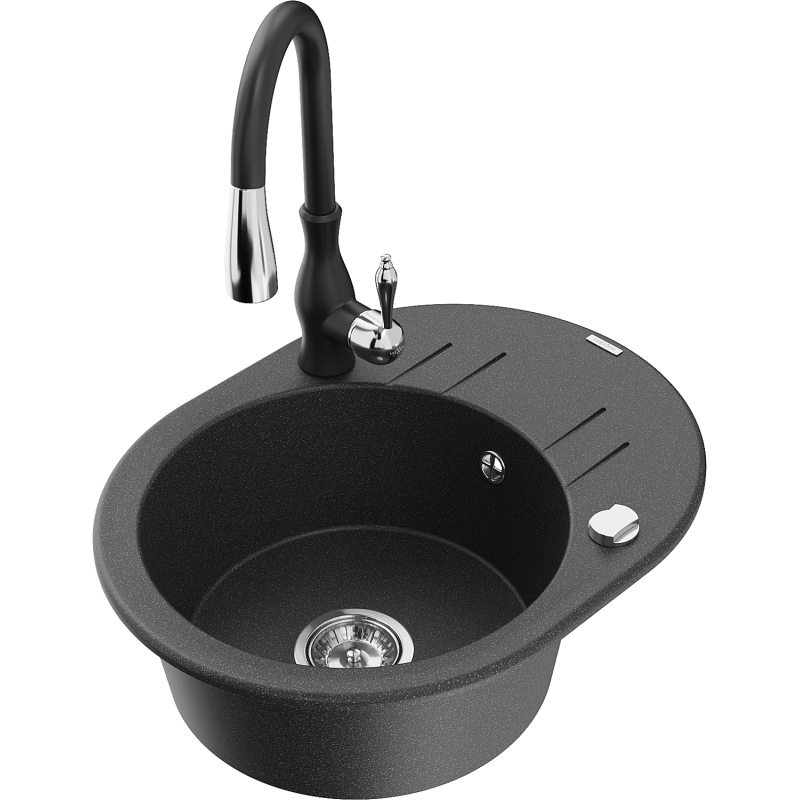 Mexen Kevin zlewozmywak granitowy 1-komorowy z ociekaczem i baterią kuchenną Savita, czarny nakrapiany - 6517-76-672601-70