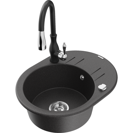 Mexen Kevin zlewozmywak granitowy 1-komorowy z ociekaczem i baterią kuchenną Savita, czarny nakrapiany - 6517-76-672601-70