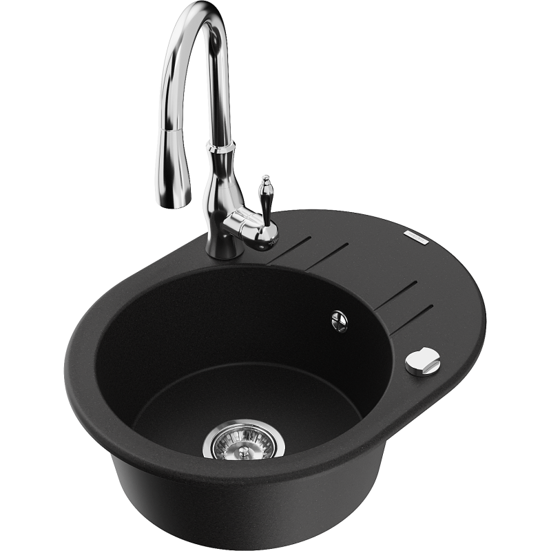 Mexen Kevin zlewozmywak granitowy 1-komorowy z ociekaczem i baterią kuchenną Savita, czarny - 6517-77-672601-00