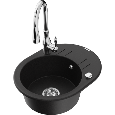 Mexen Kevin zlewozmywak granitowy 1-komorowy z ociekaczem i baterią kuchenną Savita, czarny - 6517-77-672601-00