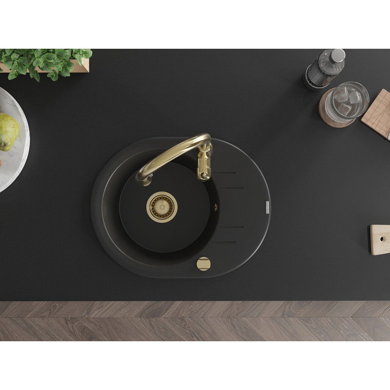 Mexen Kevin zlewozmywak granitowy 1-komorowy z ociekaczem i baterią kuchenną Savita, czarny - 6517-77-672601-50