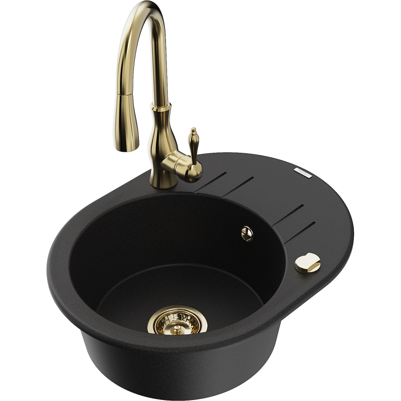 Mexen Kevin zlewozmywak granitowy 1-komorowy z ociekaczem i baterią kuchenną Savita, czarny - 6517-77-672601-50