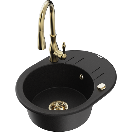 Mexen Kevin zlewozmywak granitowy 1-komorowy z ociekaczem i baterią kuchenną Savita, czarny - 6517-77-672601-50