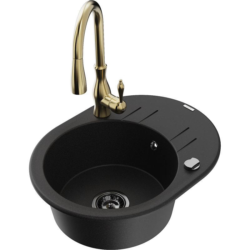 Mexen Kevin zlewozmywak granitowy 1-komorowy z ociekaczem i baterią kuchenną Savita, czarny - 6517-77-672601-50-B